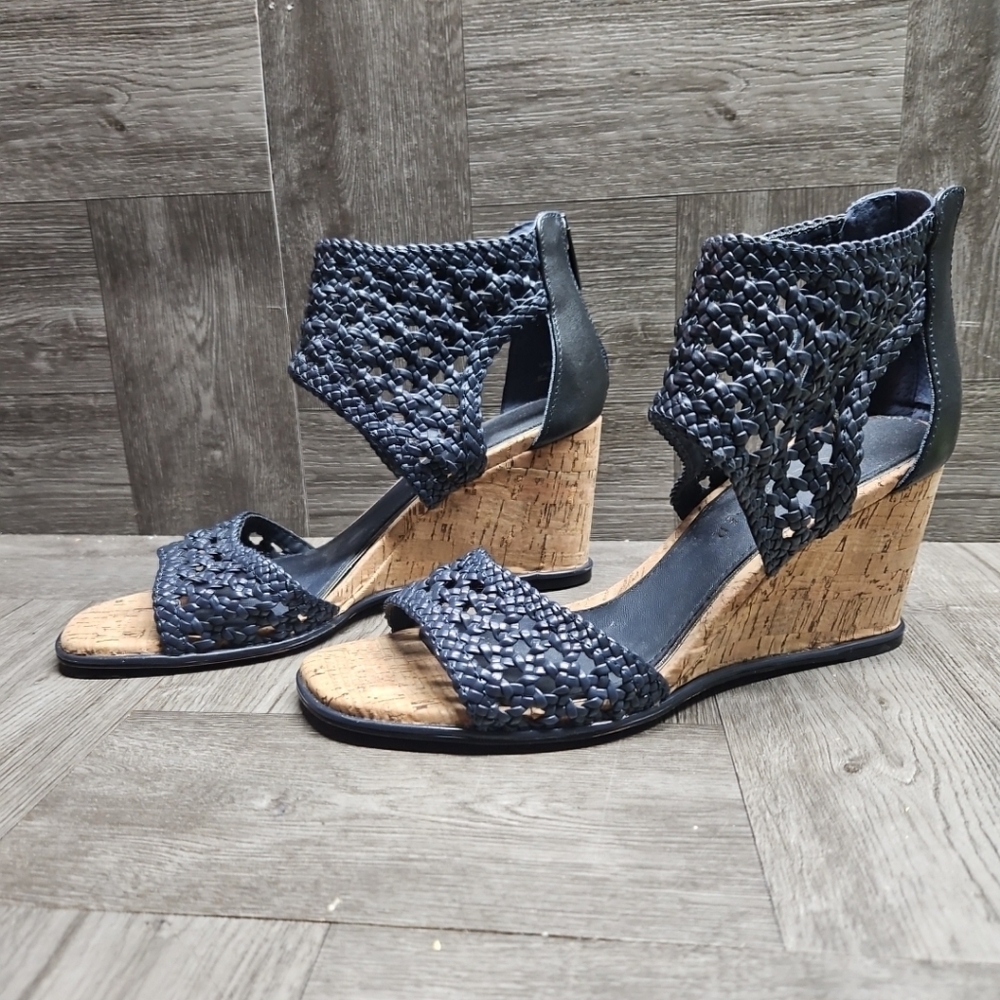Donald Pliner Women’s Blue Lagos Cork Wedge Sandals 8M Woven Peep Toe Shoes